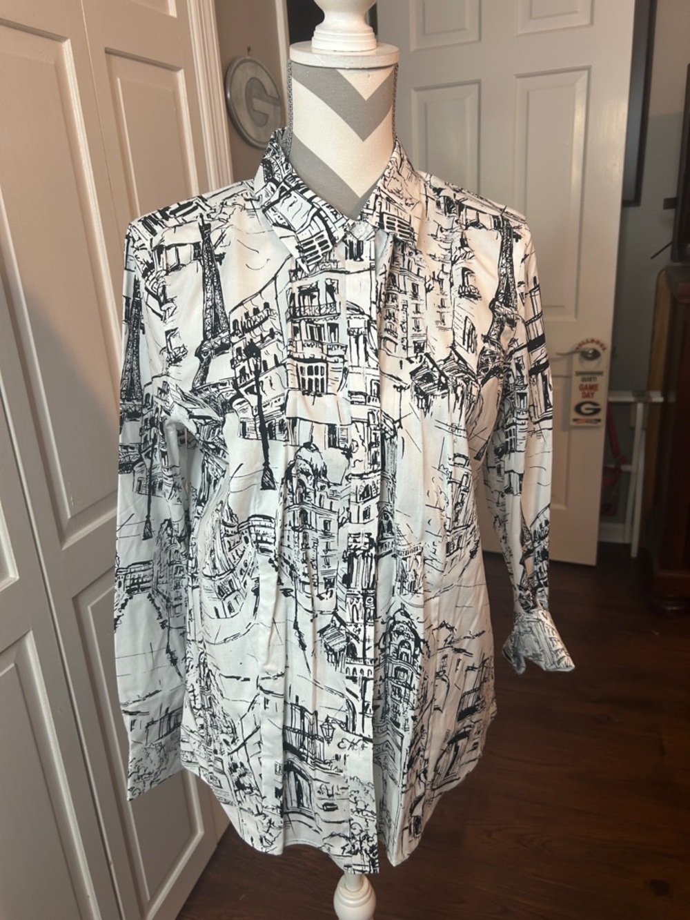 Talbots White Button-Down Shirt with Parisian Black Scenic Sketch Print